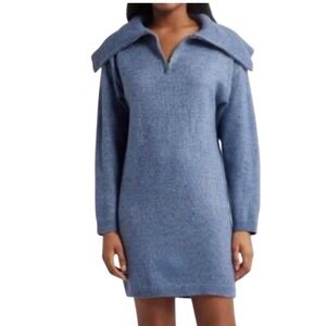 All in Favor Womens Blue Quarter Zip Oversized Collar Sweater Dress XL Cozy